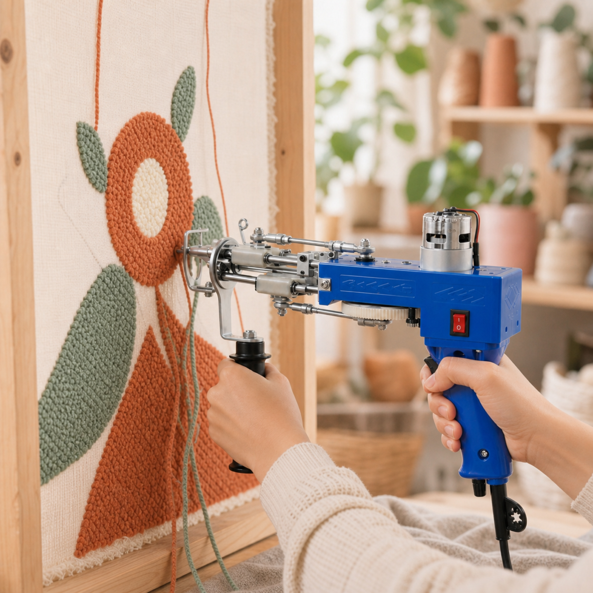 Tufting gun en action sur une toile tendue Image
