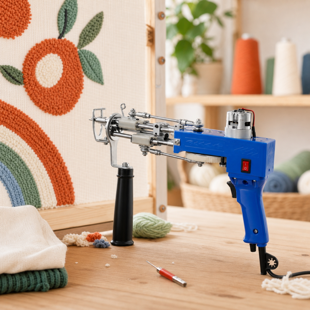 Le tufting gun posé dans l'atelier, toile tendue en arrière-plan