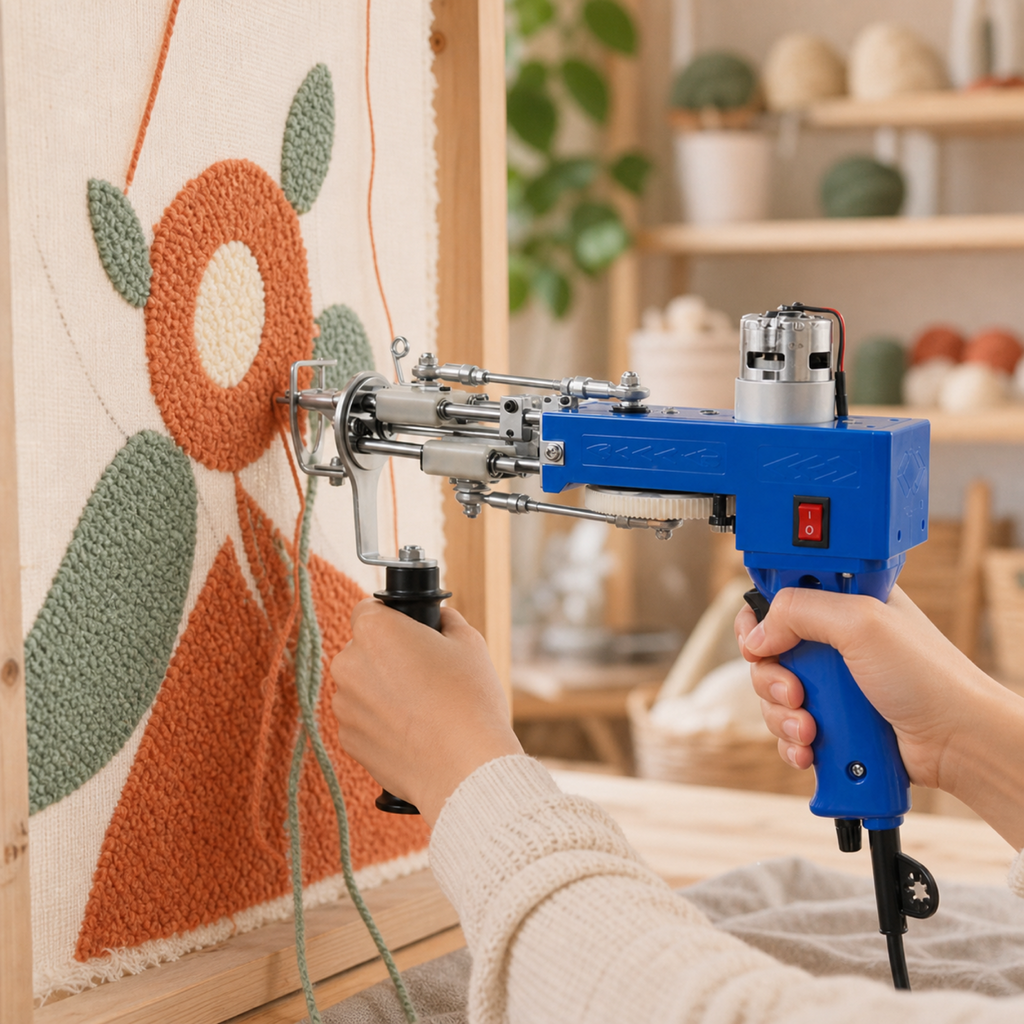 Deux mains tuftent un motif fleur avec le gun bleu sur une toile tendue