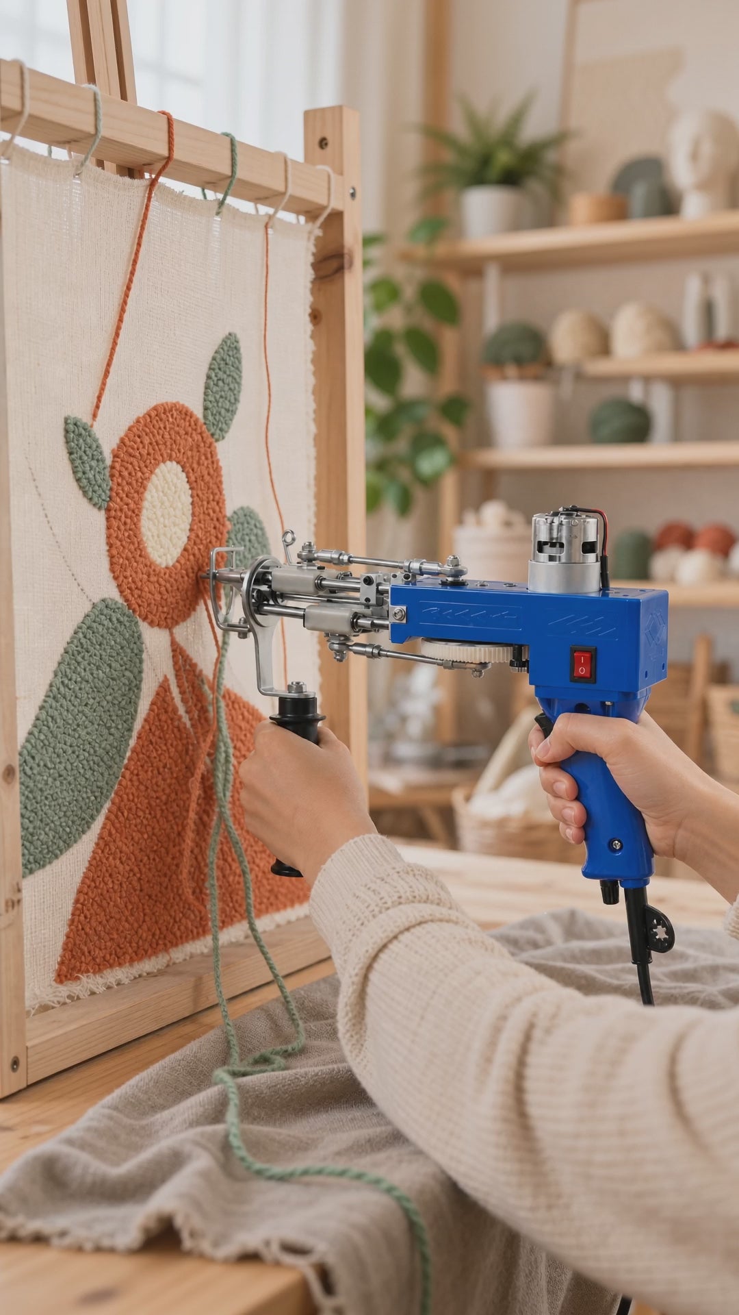 Illustration : la bonne position des mains sur le tufting gun, perpendiculaire à la toile