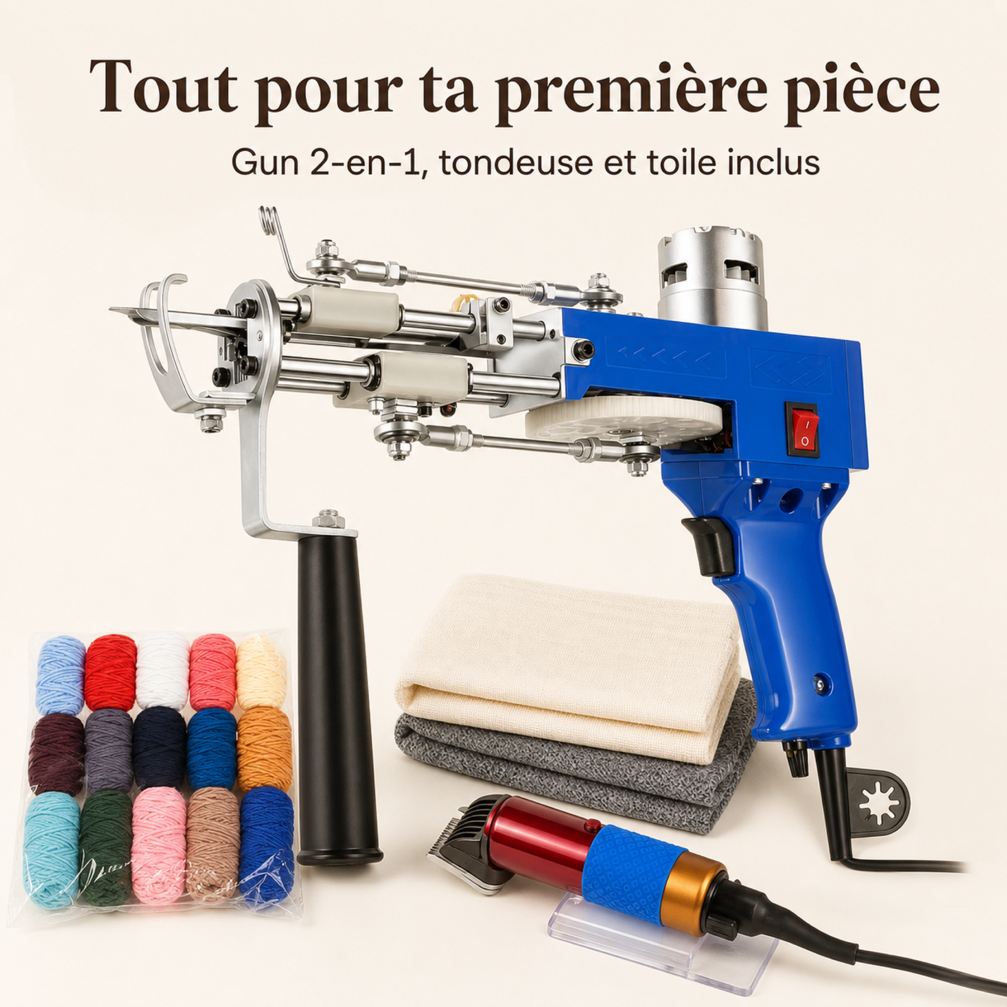 Les deux mains guident le pistolet à tufter sur la toile tendue Image