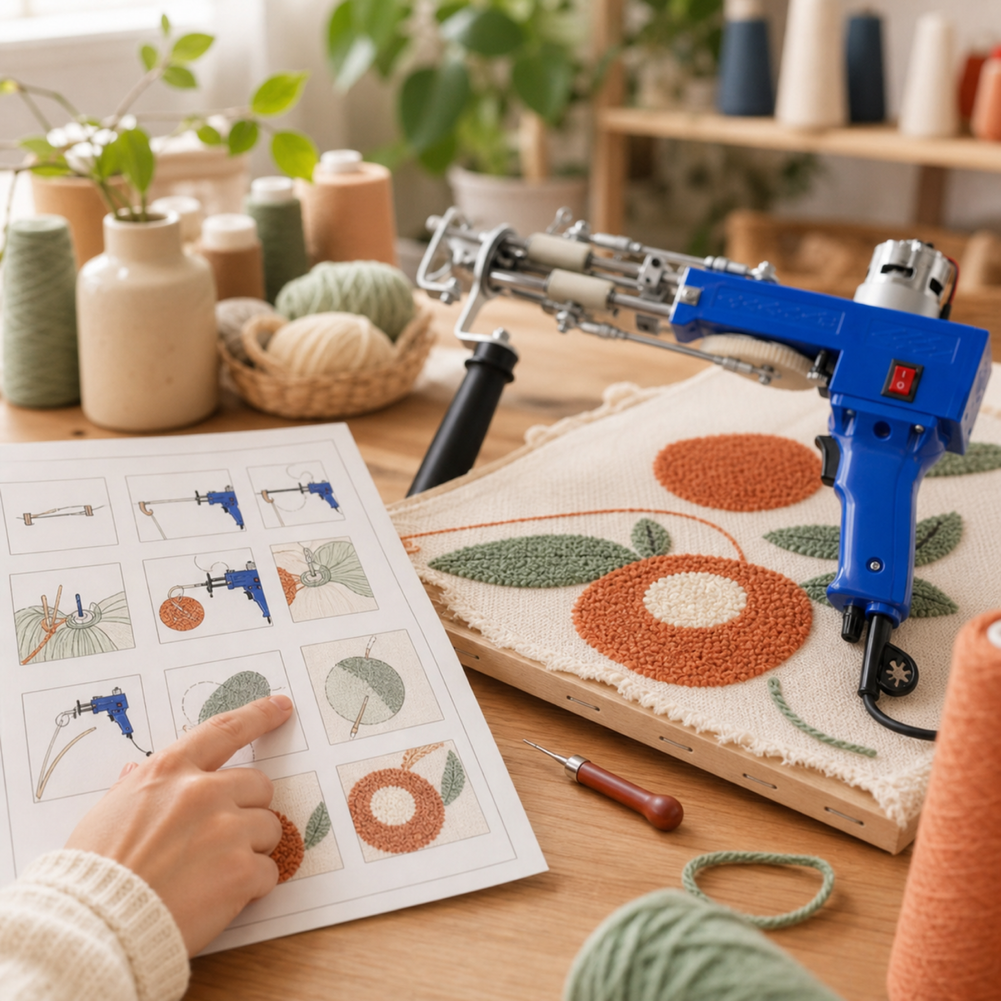 Fiche illustrée de la Tuftéo Academy à côté d'une toile en cours de tufting Image
