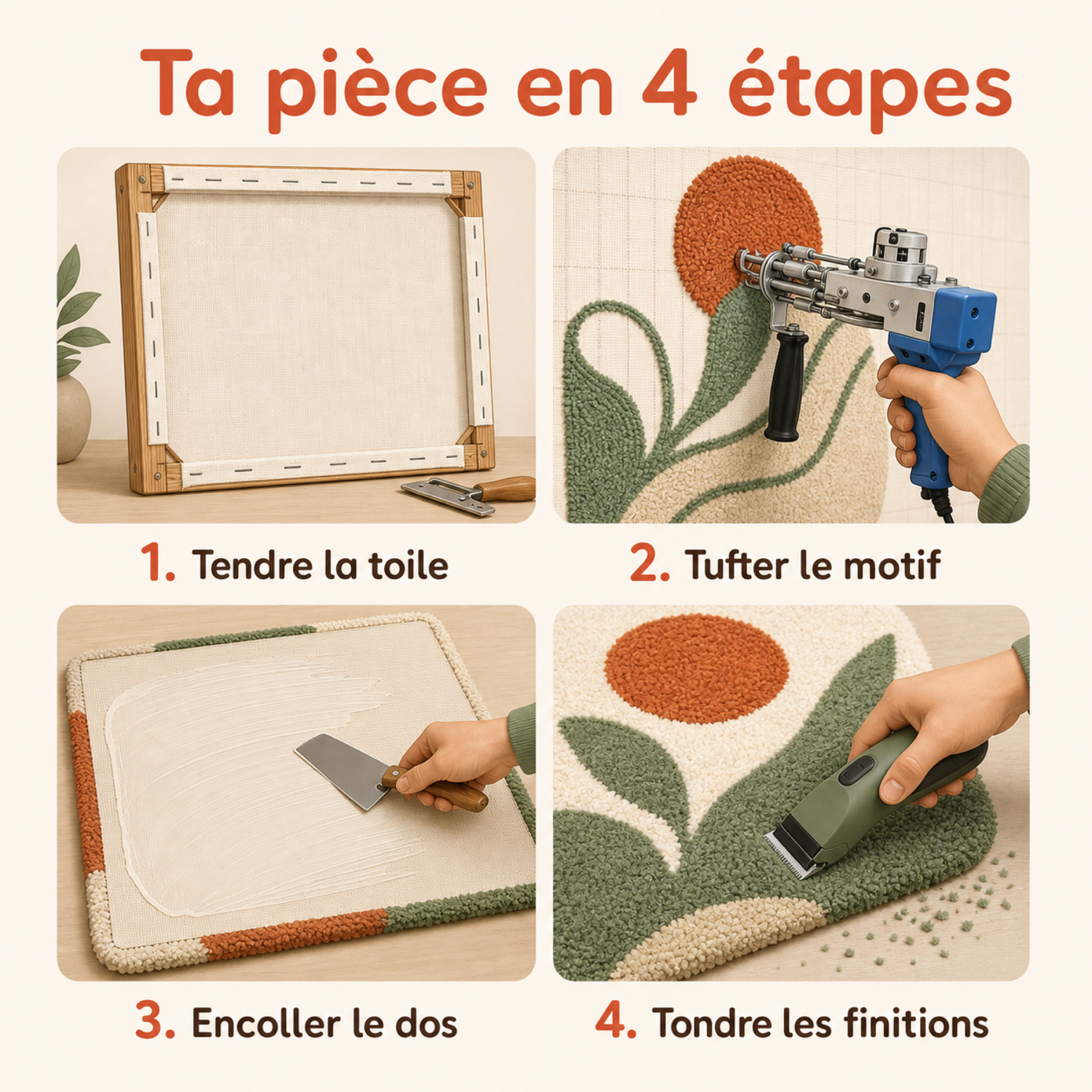 Infographie : ta pièce en 4 étapes — tendre la toile, tufter le motif, encoller le dos, tondre les finitions Image