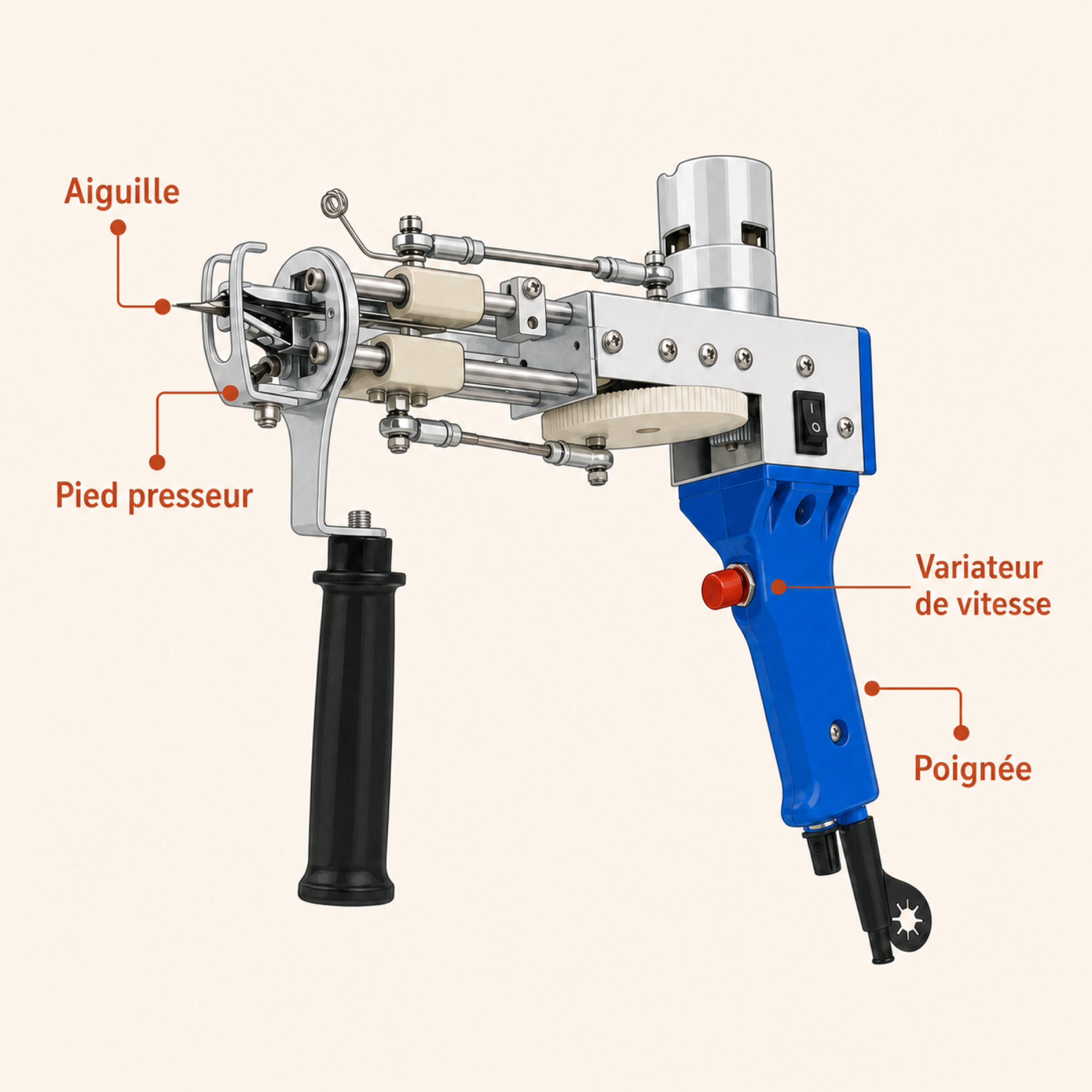 Infographie : anatomie du tufting gun — aiguille, pied presseur, variateur de vitesse, poignée Image
