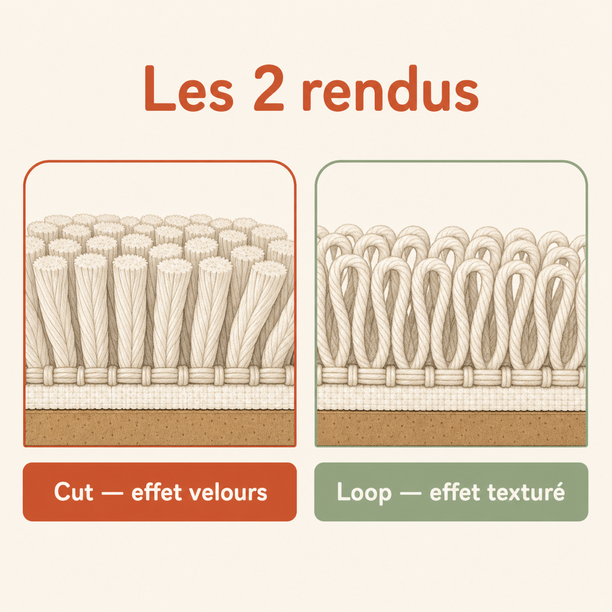 Infographie : les 2 rendus du tufting, Cut effet velours et Loop effet texturé Image